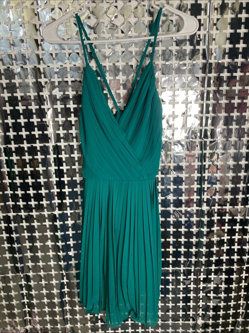 Fashion Nova Teal Pleated V-Neck Spaghetti Strap Midi Dress